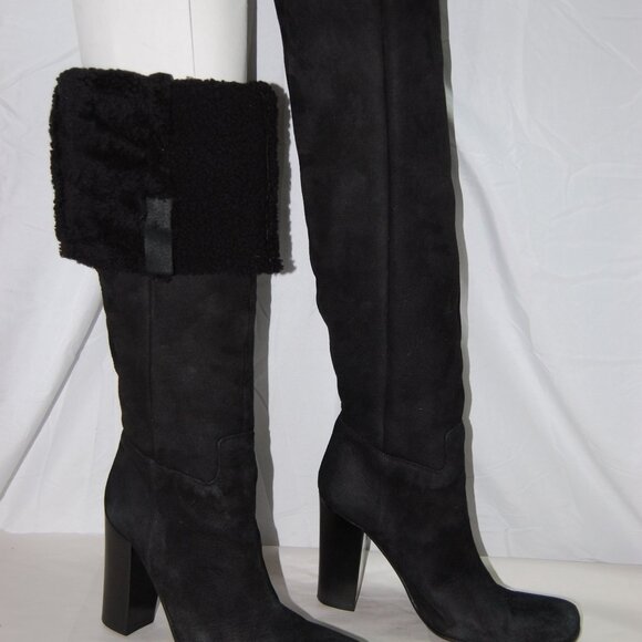 39.5/9.5❤️PRADA Black Slouch Shearling Suede Leather Over Knee High Heels Boots - Picture 3 of 13